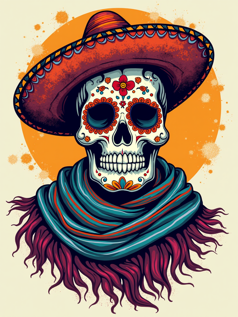 A 'Dia de los Muertos' inspired sugar skull artfully decorated with sombrero and serape motifs, combining two iconic Mexican cultural elements.