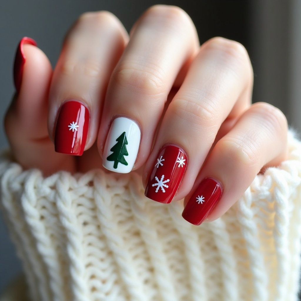  a close-up of a person's hand with their fingernails painted in a festive red color. The nails are decorated with white snowflakes and a small green Christmas tree design. The person is wearing a white knitted sweater, and the background is blurred, making the nails the focal point of the image.