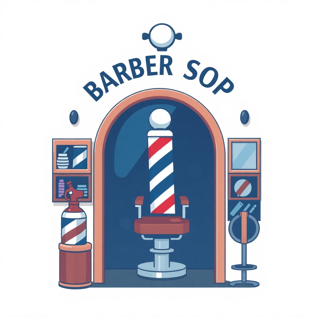 The image is an illustration of a barber shop. The shop has a blue archway with the words Barber Sop written in white capital letters at the top. Below the archway, there is a red and white striped barber chair with a white mannequin head on it. On the left side of the image, there are shelves with various barber tools such as a hair dryer, scissors, and a mirror. The overall color scheme of the illustration is blue, red, and white.