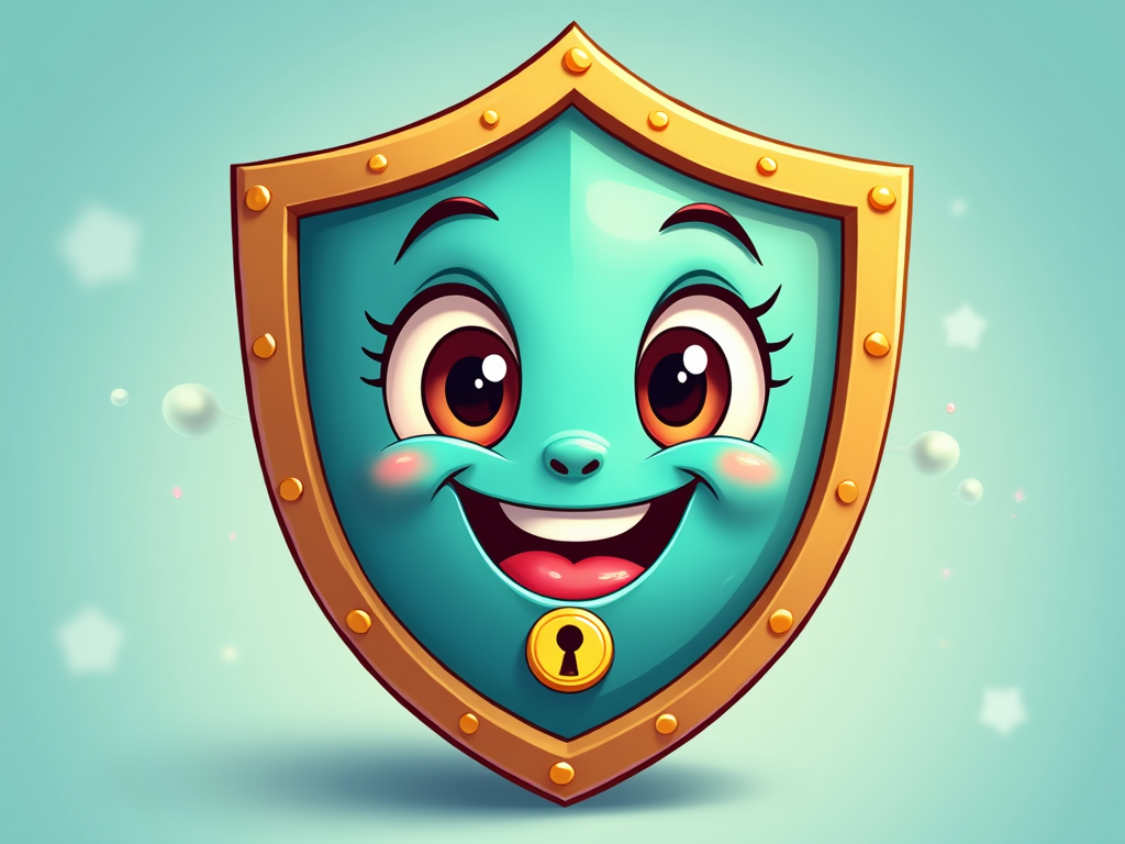 Simple Icon Idea: A shield emblem with a friendly cartoon face and a stylized keyhole or a digital 'checkpoint' flag symbol within it, representing safe passage and guardianship.