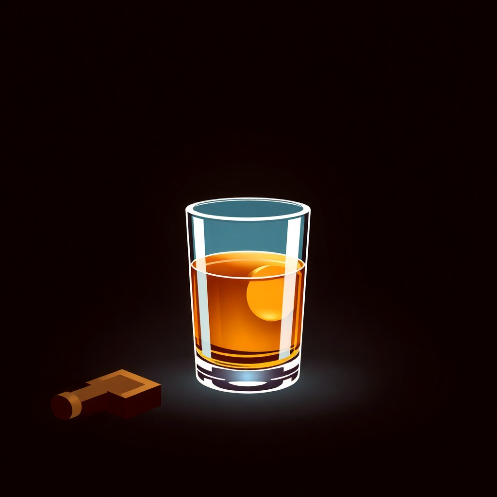 The image is a digital illustration of a glass of whiskey on a black background. The glass is filled with a golden-colored liquid, which appears to be whiskey, and there is a small wooden block next to it. The block is brown in color and has a smooth texture. The background is completely black, making the glass and block stand out. The overall color scheme of the image is warm and inviting.