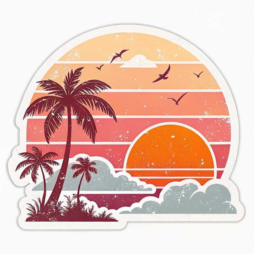 The image is a circular sticker with a colorful illustration of a tropical sunset. The background is a gradient of orange, pink, and yellow, with a large orange sun in the center. The sun is surrounded by white clouds and there are several palm trees on the left side of the image. On the right side, there are a few birds flying in the sky. The overall style of the illustration is retro and vintage.