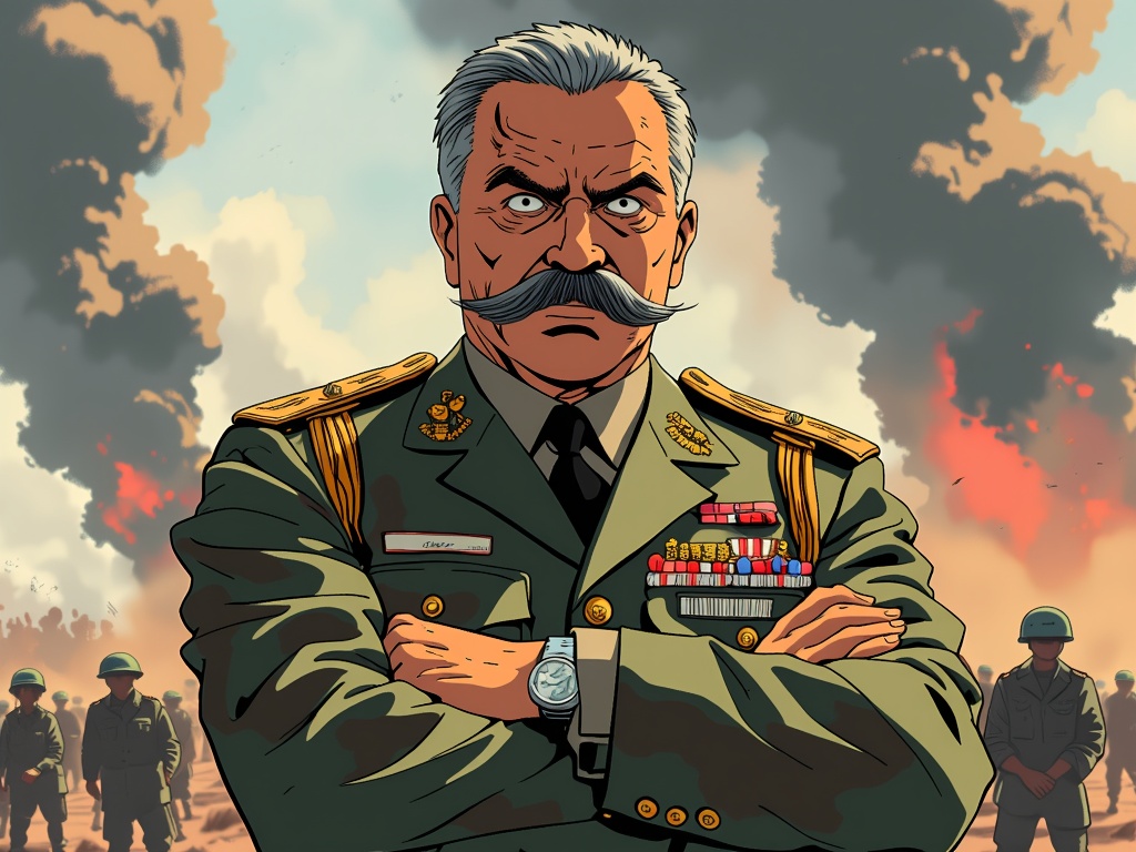 The image is an illustration of a man in a military uniform with a mustache and a serious expression on his face. He is standing with his arms crossed and appears to be deep in thought. Behind him, there are several other men in military uniforms, some of whom are also wearing helmets. The background is filled with smoke and flames, suggesting that the scene is taking place during a military conflict. The overall mood of the image is tense and ominous.