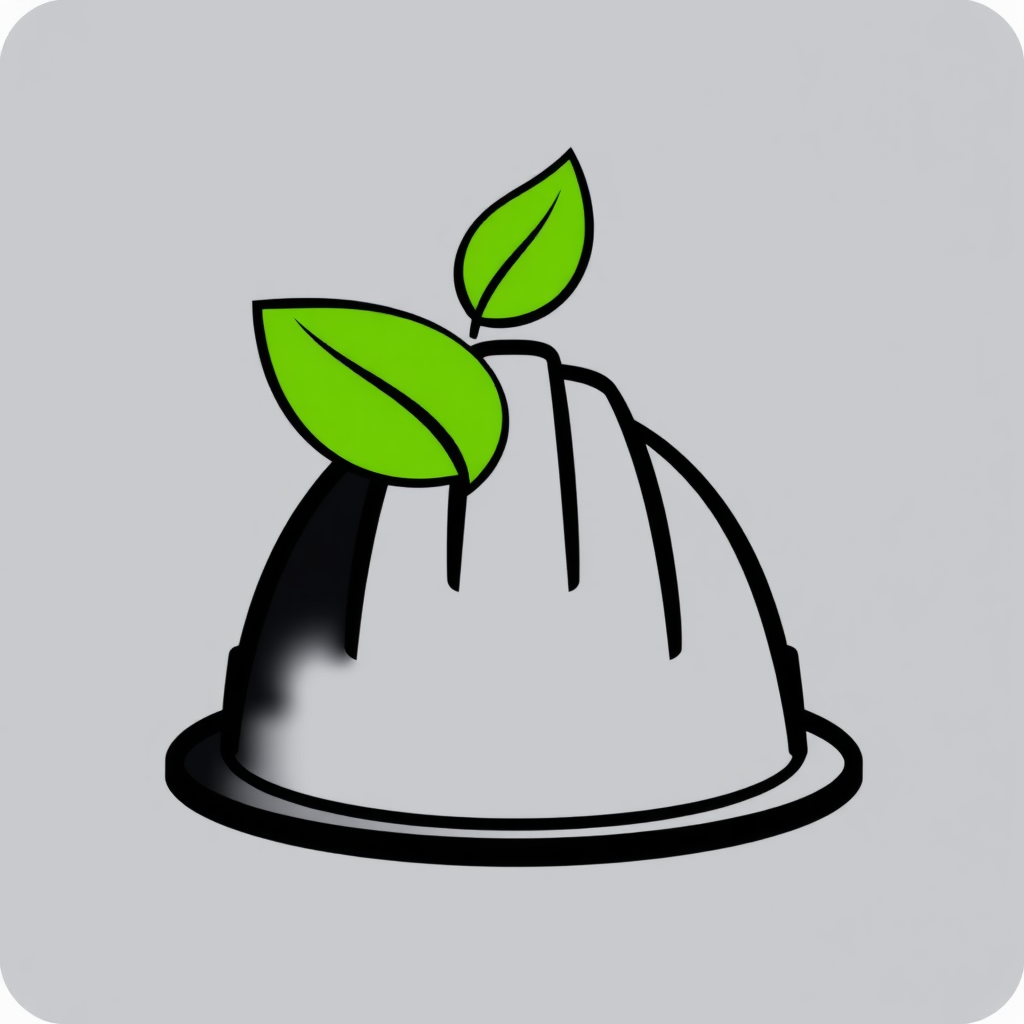 A simple outline of a hard hat with a single, stylized green leaf emerging from the top ridge.