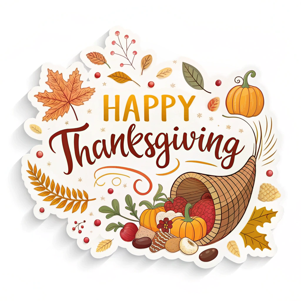 The image shows a happy Thanksgiving card with a cornucopia filled with pumpkins, leaves, and fruits. The card also has text written on it, adding to the festive atmosphere.