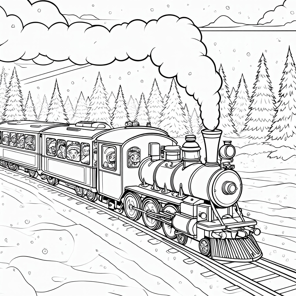 The image shows a black and white sketch of a train on a railway track surrounded by trees and a cloudy sky. The train is filled with people, giving the impression of a peaceful and serene atmosphere.