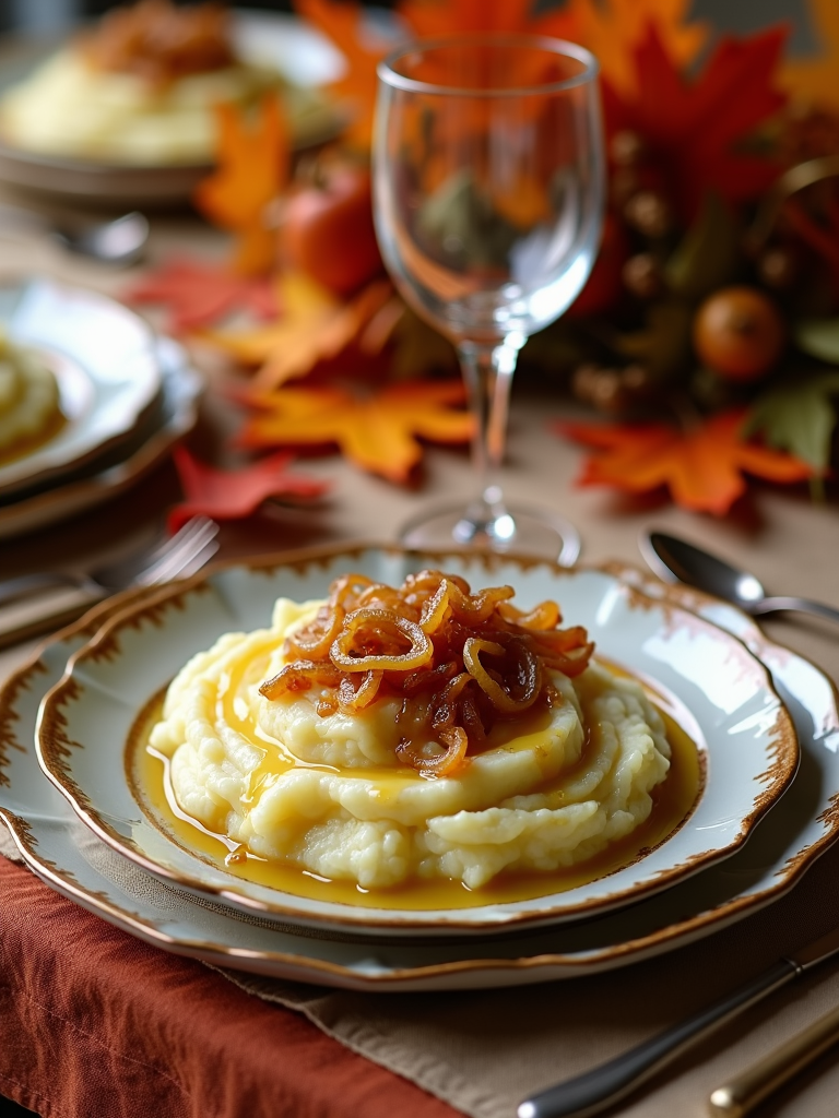 An autumn-themed table setting featuring mashed potatoes dressed with maple butter and caramelized onions, complemented by falling leaves decor.