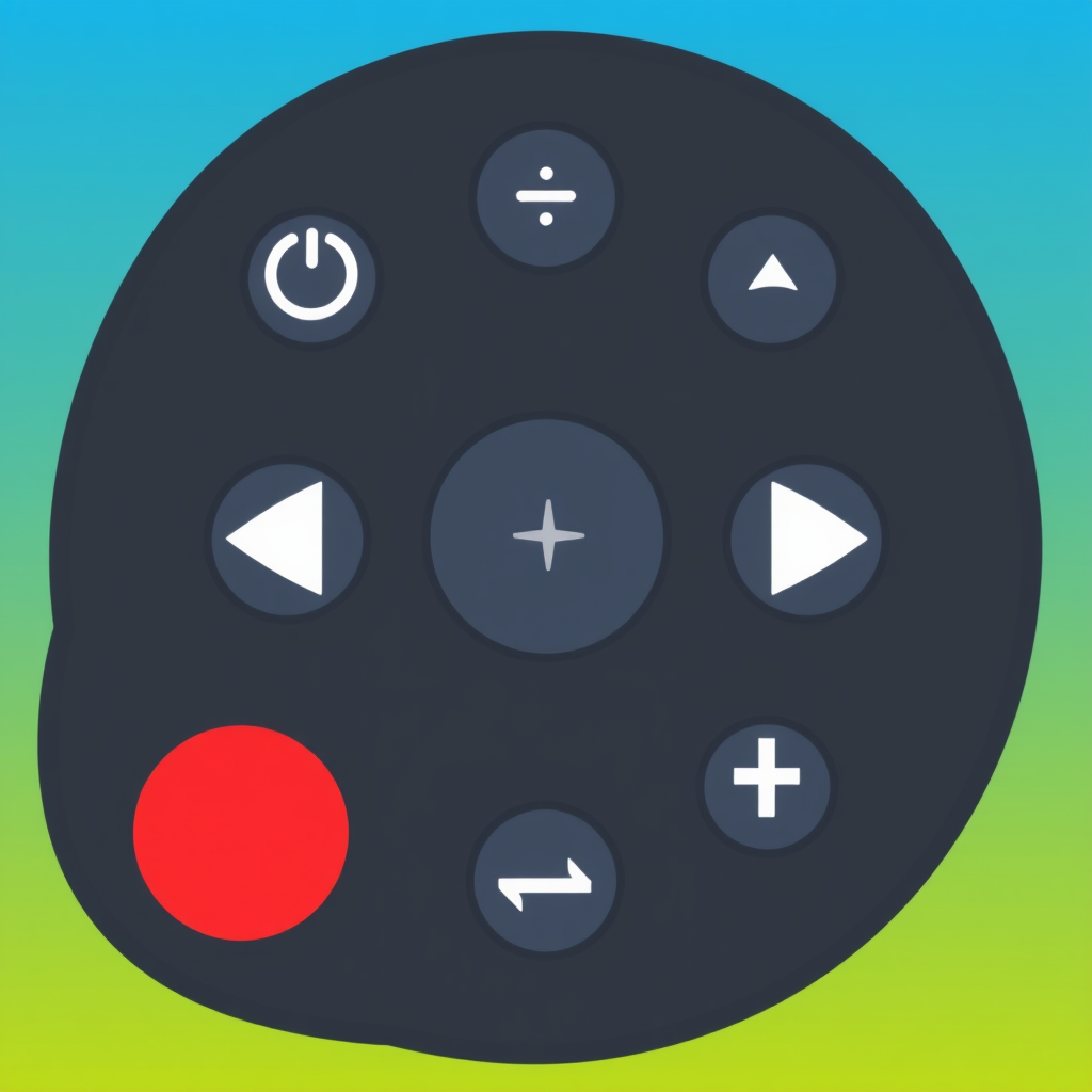 A simplified remote control icon featuring large, easily identifiable buttons with clear symbols for power, volume up/down, and channel up/down. Consider using contrasting colors for better visibility, and a rounded shape to convey ease of use.