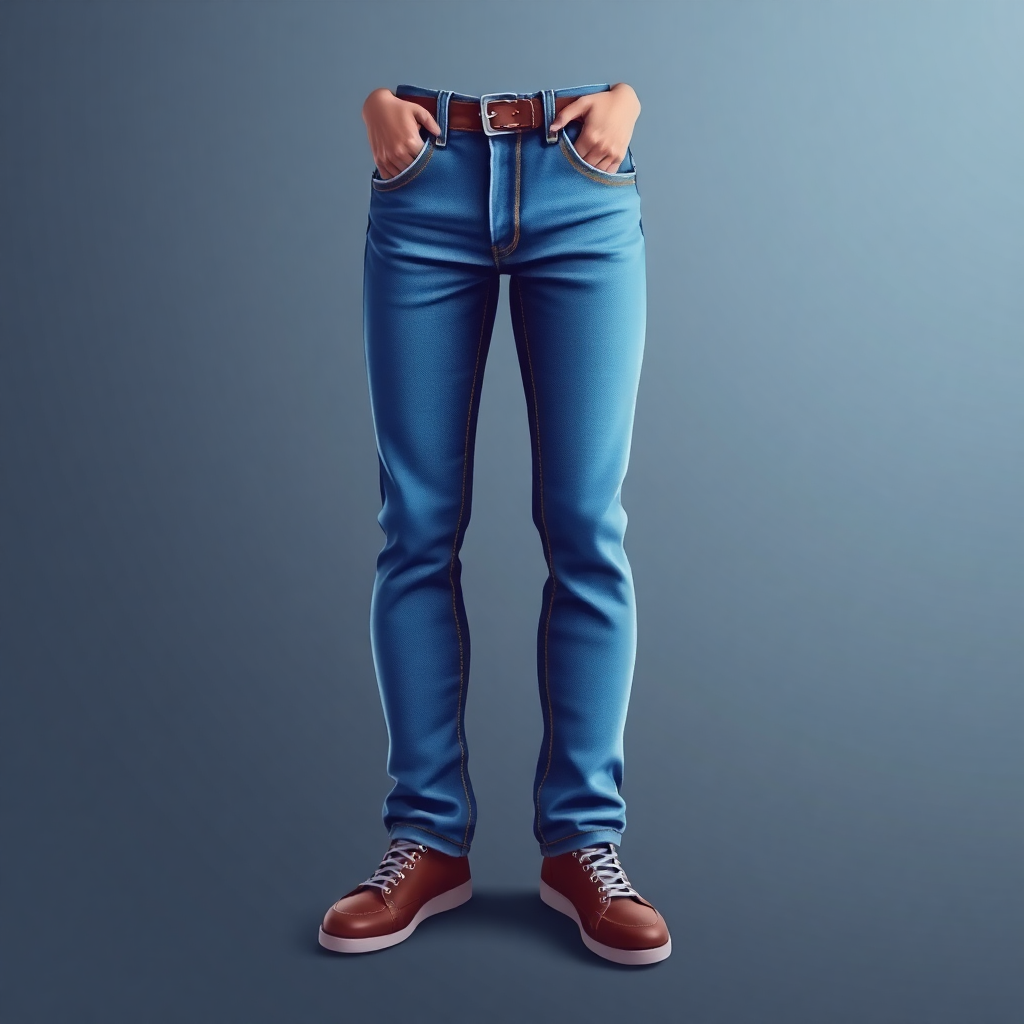  a pair of blue jeans and brown sneakers. The jeans are high-waisted and have a slim fit. The person is standing with their legs slightly apart and their hands in their pockets. They are wearing a brown belt with a silver buckle. The background is a solid blue color. The image is a 3D rendering, giving it a realistic look and feel.