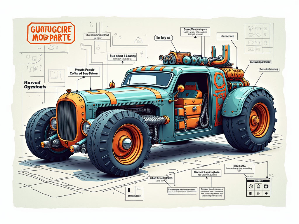 T-Shirt Design Idea 2: Blueprint of a Beast. A stylized technical blueprint of an outrageously imaginative mutant vehicle, with humorous annotations for fictional parts like 'Flux Capacitor' or 'Glitter Exhaust'.