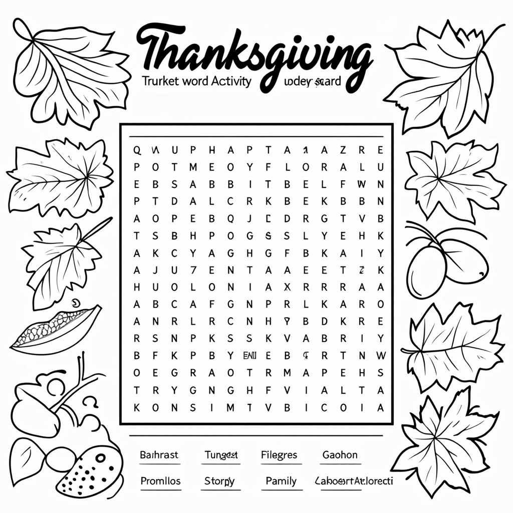 An engaging activity sheet featuring a Thanksgiving-themed word search, bursting with keywords such as 'Harvest', 'Turkey', 'Pilgrim', and 'Family', surrounded by doodles of fall leaves and acorns.