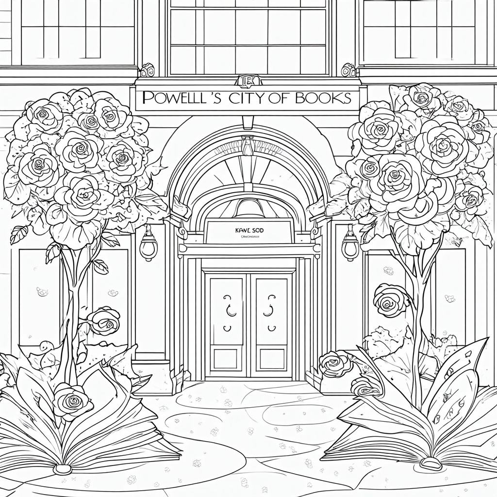 Coloring Page Design 4: The facade of Powell's City of Books, with large, inviting rose bouquets near the entrance. Whimsical elements include open books appearing to float, each page revealing delicate rose illustrations or small rosebuds.