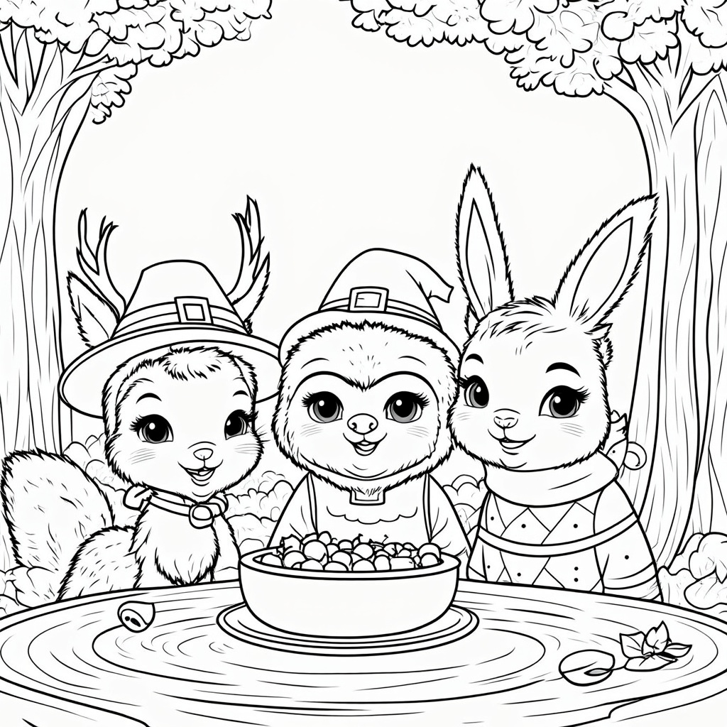 A jubilant lineup of cartoon animals including a deer, an owl, and a rabbit, all sporting tiny pilgrim hats and sweaters as they gather around a table filled with acorns and berries.