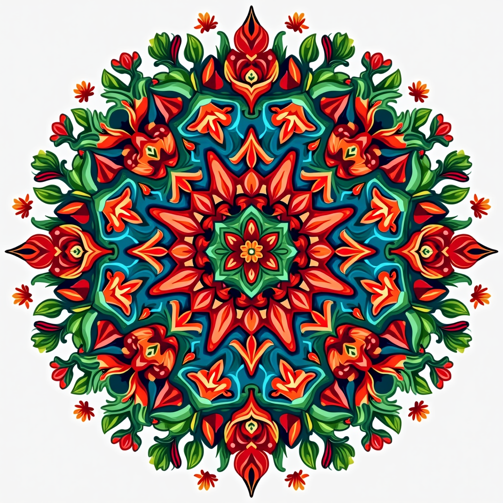 Sub-design 4: 'Cactus & Chili Mandala' - A T-shirt featuring a symmetrical mandala design intricately formed from patterns of cacti, chili peppers, and desert flowers, drawing inspiration from traditional Mexican folk art and vibrant colors.