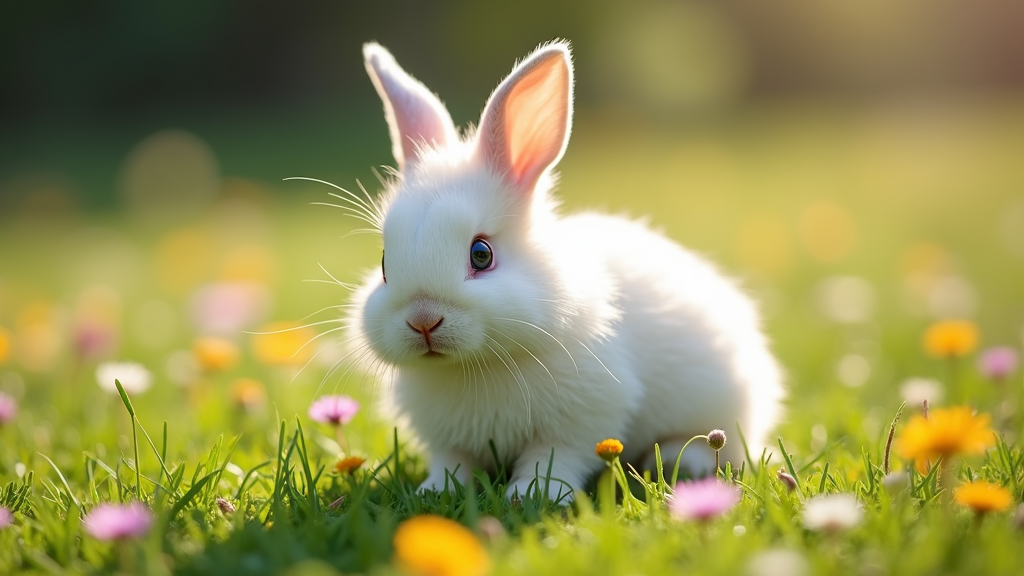 The image is a close-up of a white rabbit sitting in a field of green grass and colorful flowers. The rabbit is facing towards the right side of the image, with its ears perked up and its eyes looking directly at the camera. The background is blurred, but it appears to be a garden or park with trees and greenery. The flowers in the field are in various shades of pink, yellow, and orange, and there are small dandelions scattered throughout the grass. The overall mood of the photo is peaceful and serene.