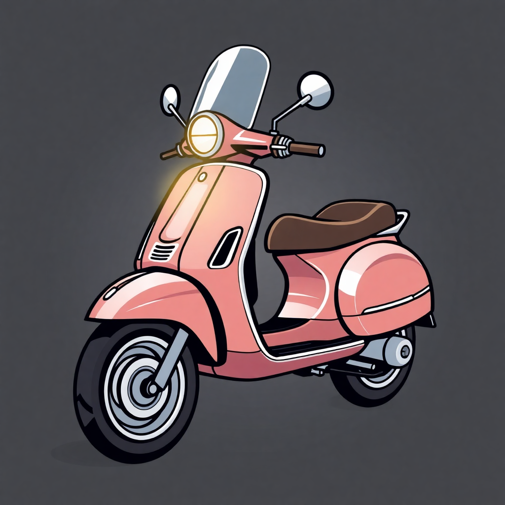 The image is a digital illustration of a pink scooter. The scooter has a sleek and modern design with a round headlight and two side mirrors on either side. The body of the scooter is a light pink color with a brown seat and handlebars. The front wheel is black with silver rims. The background is a dark grey color. The overall style of the illustration is simple and minimalistic.