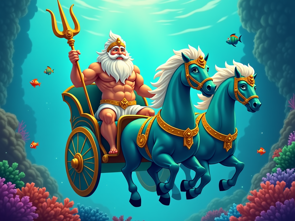 Poseidon in a chariot drawn by mythical sea horses (hippocampi), riding through the ocean depths with a flowing beard and sea-green eyes.