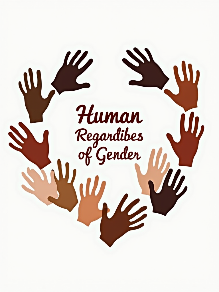 Handprints of Unity: A collection of diverse handprints (various sizes, some overlapping) forming a larger shape (like a circle or heart), symbolizing shared humanity and connection. The text 'Human, Regardless of Gender' is incorporated, perhaps in the center or following the curve of the shape.