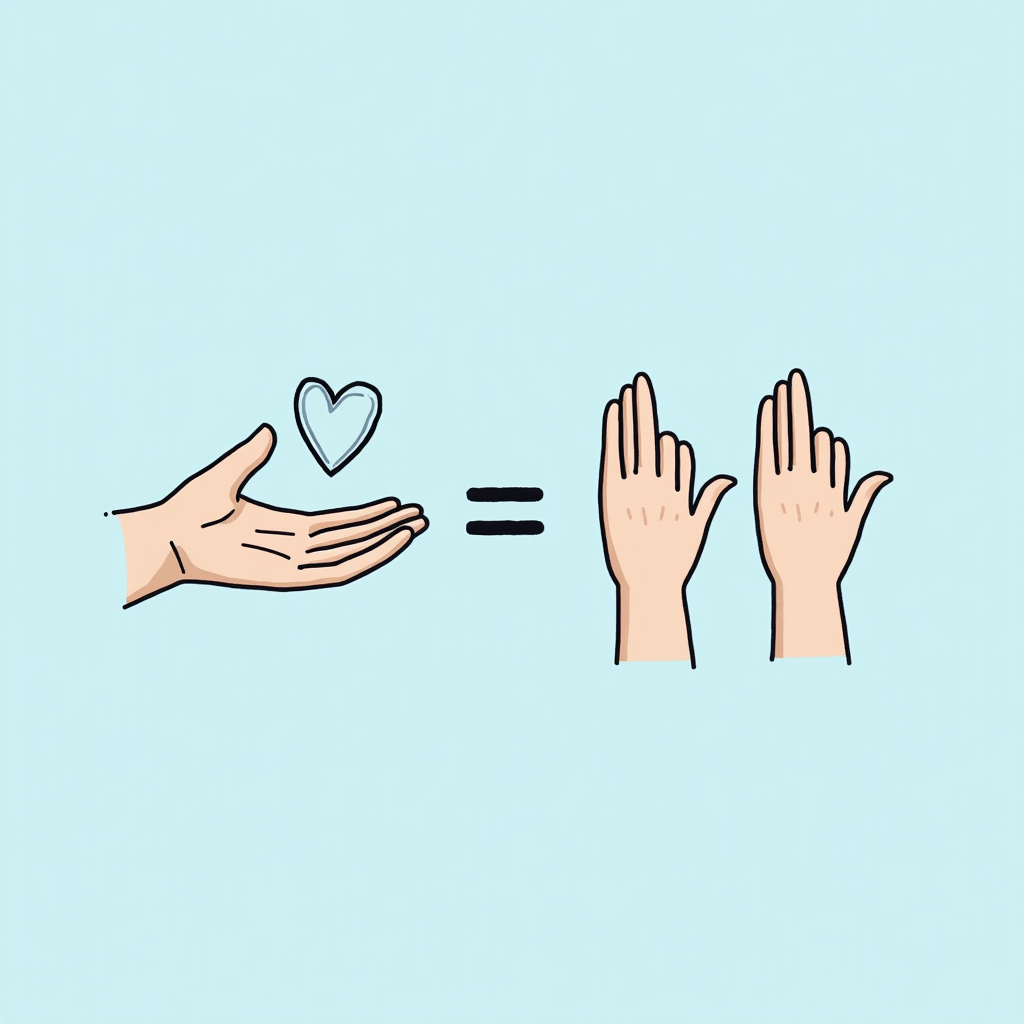 Sub-design Idea 1: Represent the equation visually using simple icons: [One Hand Receiving] + [One Kind Act] → [Three Hands Receiving].