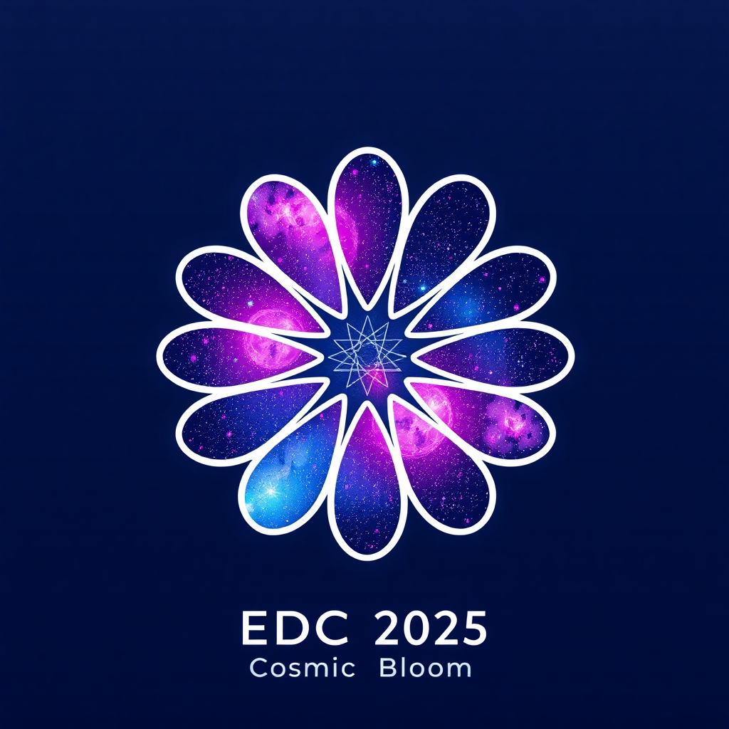 A minimalist, elegant logo featuring a daisy outline. Inside the outline, a rich cosmic texture of deep blues, purples, and pinks with subtle star glimmers. 'EDC 2025' and 'Cosmic Bloom' in a futuristic, clean typeface below or integrated harmoniously.