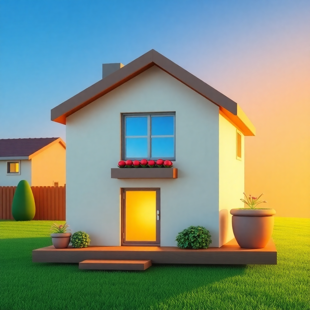 The image is a 3D rendering of a small, single-story house with a white exterior and a brown roof. The house has a small front porch with a wooden railing and a small window above the door. There are two potted plants on either side of the porch, one with red flowers and the other with green leaves. The porch is surrounded by a well-manicured lawn and there is a wooden fence in the background. The sky is a beautiful orange and pink color, indicating that it is either sunrise or sunset. The overall mood of the image is peaceful and serene.