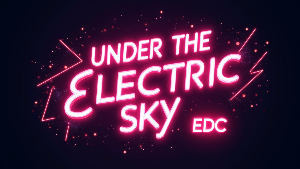 Neon Flow Typography: 'Under the Electric Sky' in a vibrant, custom neon sign-style font. The letters could be interconnected with subtle light trails or sparks, set against a dark background to enhance the glow. 'EDC' could be a smaller, glowing element nearby.