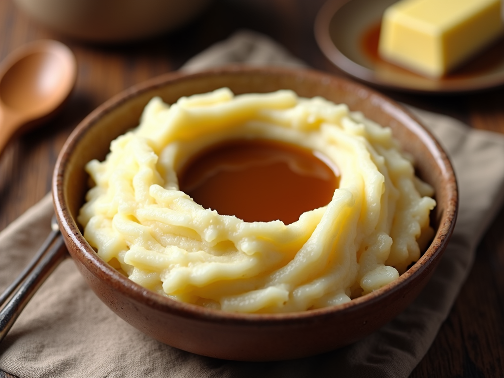 Mashed potatoes are crafted into a serving bowl with a perfect crater filled with thick brown gravy, surrounded by vintage kitchen utensils.