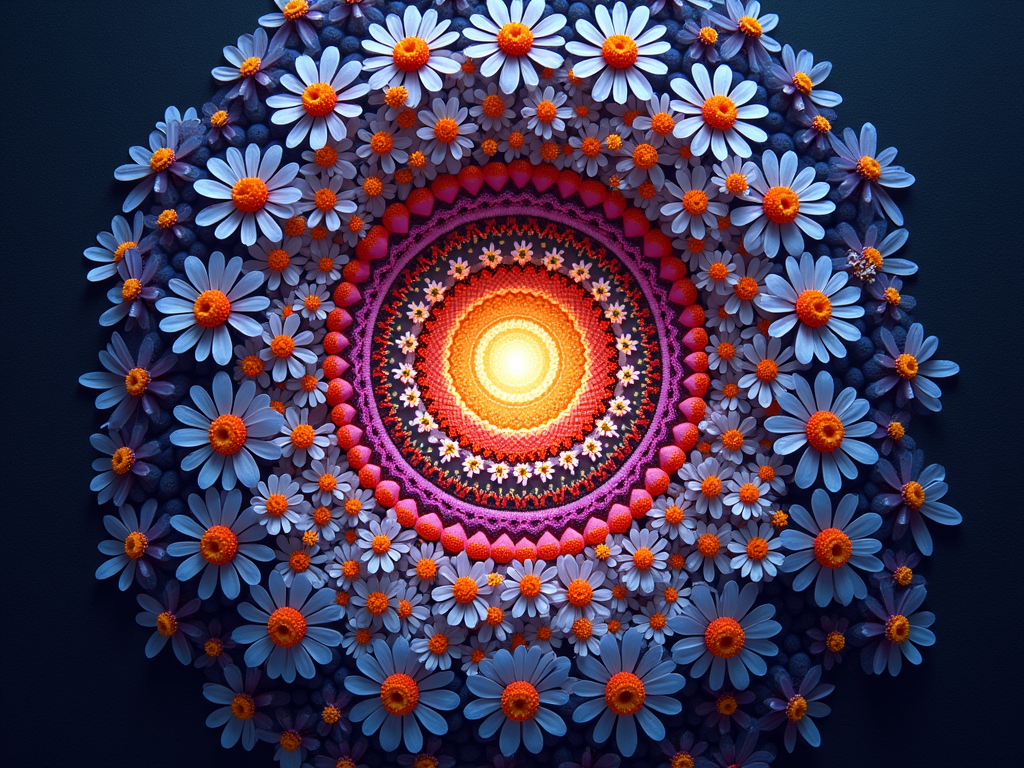 Daisy Mandala Portal: A complex mandala design formed from repeating and mirrored daisy elements. The mandala's center acts as a 'portal' revealing a shifting, kaleidoscopic world, utilizing high contrast and neon colors.