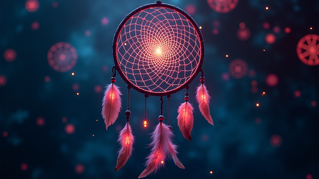 A t-shirt with a 'digital dreamcatcher' motif. The web is formed by neural network-like connections, and instead of feathers, 'caught dreams' are depicted as small, glowing icons of AI-generated art, music, or text, embodying 'wearable dreams'.