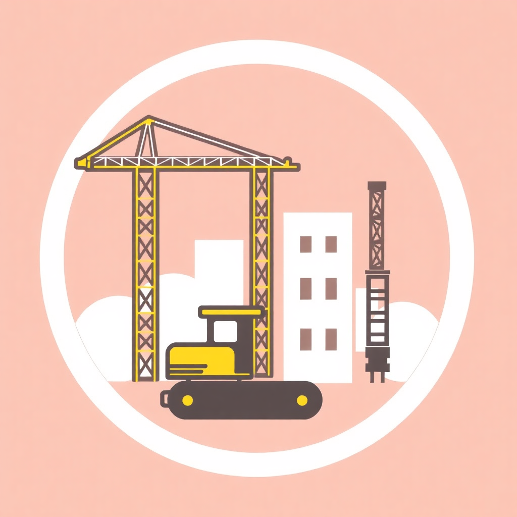 The image is an illustration of a construction site with a yellow crane and a building under construction. The crane is in the center of the image, with a building on the right side and a tower crane on the left side. The building appears to be a two-story structure with a sloping roof and a chimney. In front of the building, there is a yellow excavator with a black body and yellow wheels. The background is a light pink color. The image is in a circular shape with a white border.