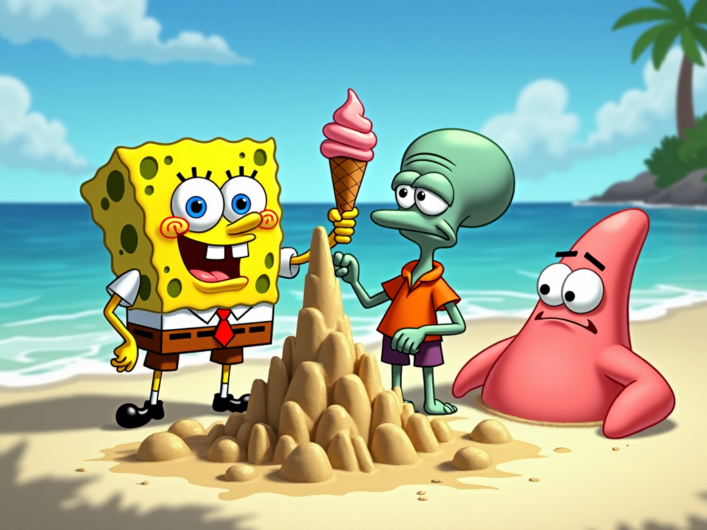 SpongeBob and friends building a quirky sandcastle at Goo Lagoon, with intricate towers and Patrick buried halfway in the sand.