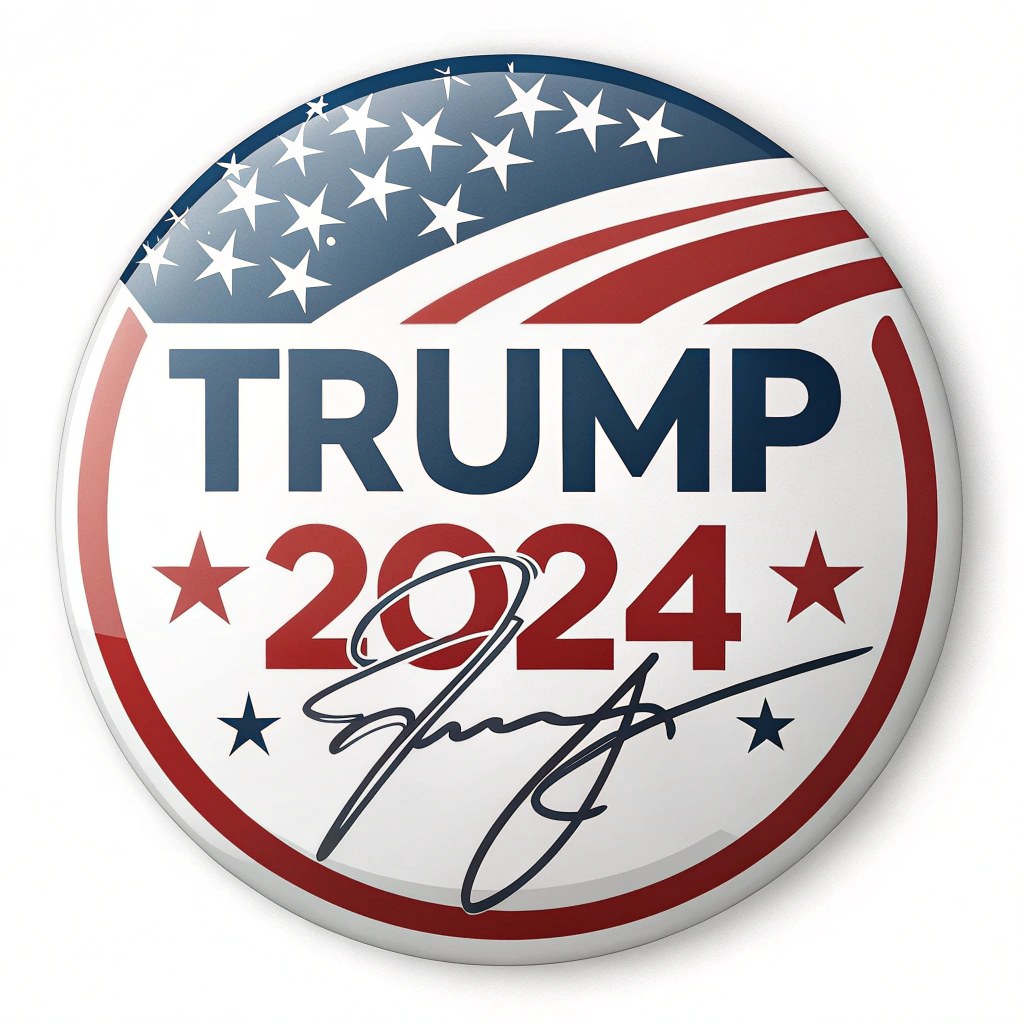 A circular sticker mimicking a campaign button, with 'Trump 2024' and his signature in a red, white, and blue color scheme.