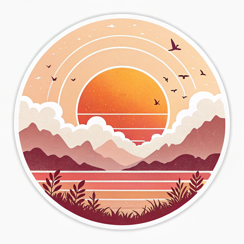 The image is an illustration of a beautiful sunset over a mountain range. The sky is orange and yellow, with a large orange sun in the center. The sun is surrounded by white clouds and there are a few birds flying around it. The mountains are in shades of pink and purple, with patches of green grass and shrubs in the foreground. The overall mood of the image is peaceful and serene.