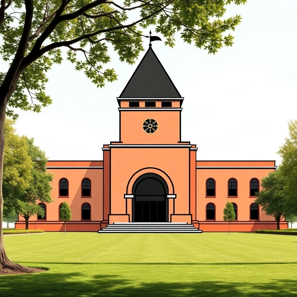 The image is a digital illustration of a large brick building with a steeple and a clock tower. The building has a large arched entrance with a black door and steps leading up to it. The clock tower has a small flag on top and is surrounded by a green lawn and trees. The sky is blue and the overall color scheme of the building is orange and green. The image appears to be a 3D rendering.