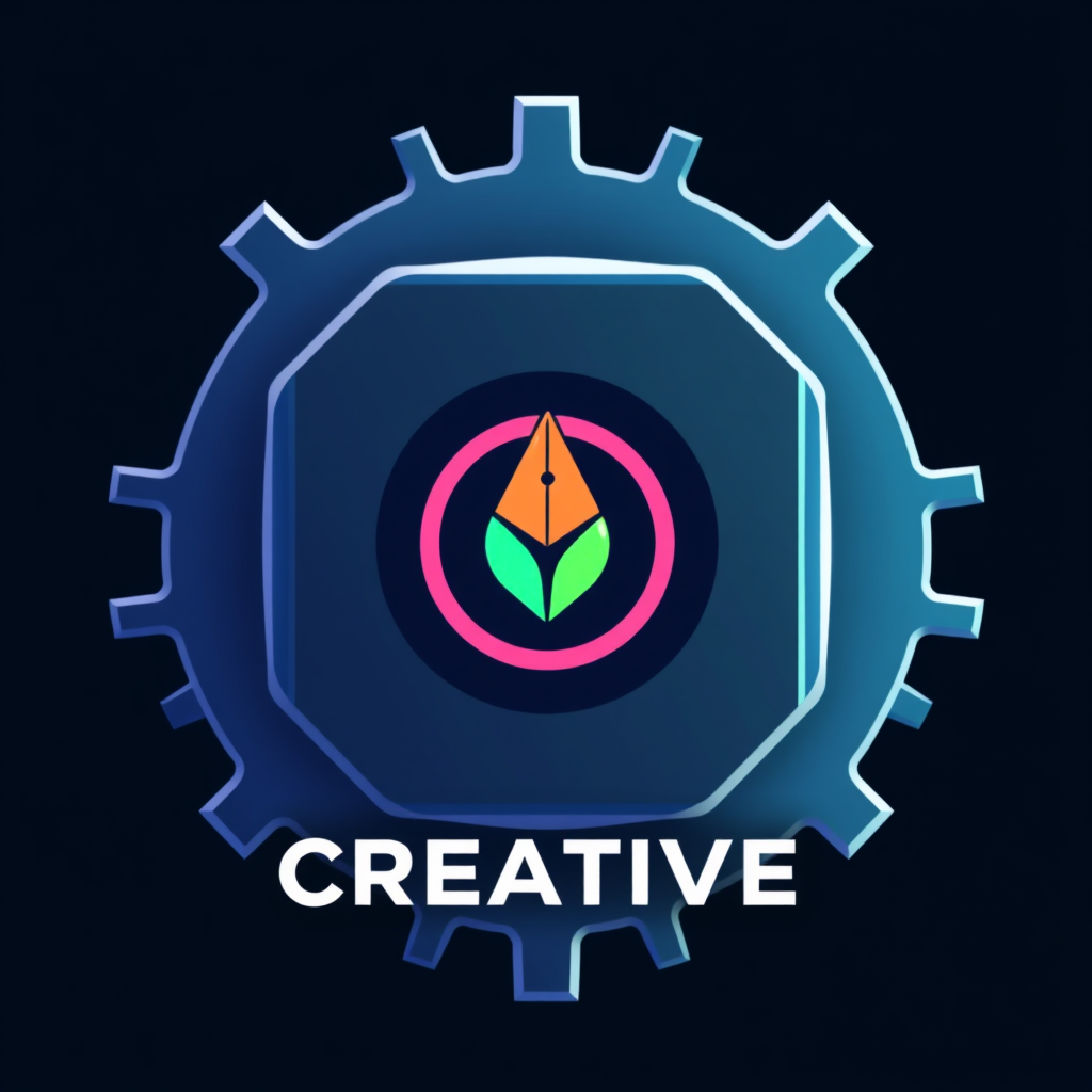 Creative Processor: A processor chip or gear icon, symbolizing the AI engine, with a central creative symbol (e.g., pen nib, pixel, lightbulb) visually indicating its function in content generation.