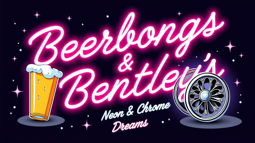 A typographic-heavy design where 'Beerbongs & Bentleys' and 'Neon & Chrome Dreams' are the main visual elements. The words are crafted with intricate neon tubing effects intertwined with polished chrome textures. Supporting visuals could be minimalist icons: a neon beer pong cup next to a chrome wheel, or Post Malone's signature tattoos rendered in a neon-chrome hybrid style.