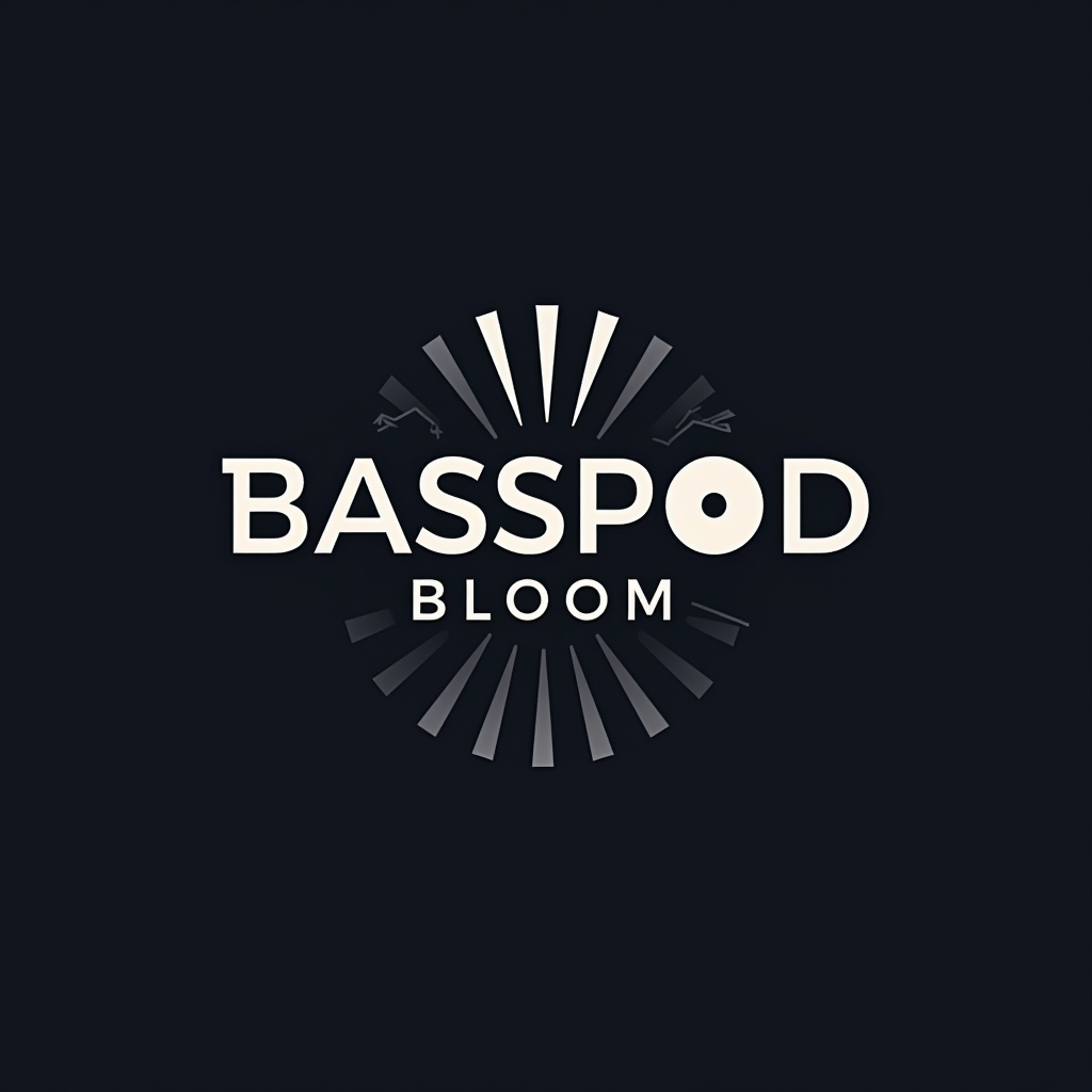 Simple Logo Idea: The text 'BASSPOD BLOOM'. The 'O' in 'POD' is stylized as a simple speaker cone icon. Below 'BLOOM', a few abstract lines subtly suggest blooming petals or visualizer bars expanding outwards.