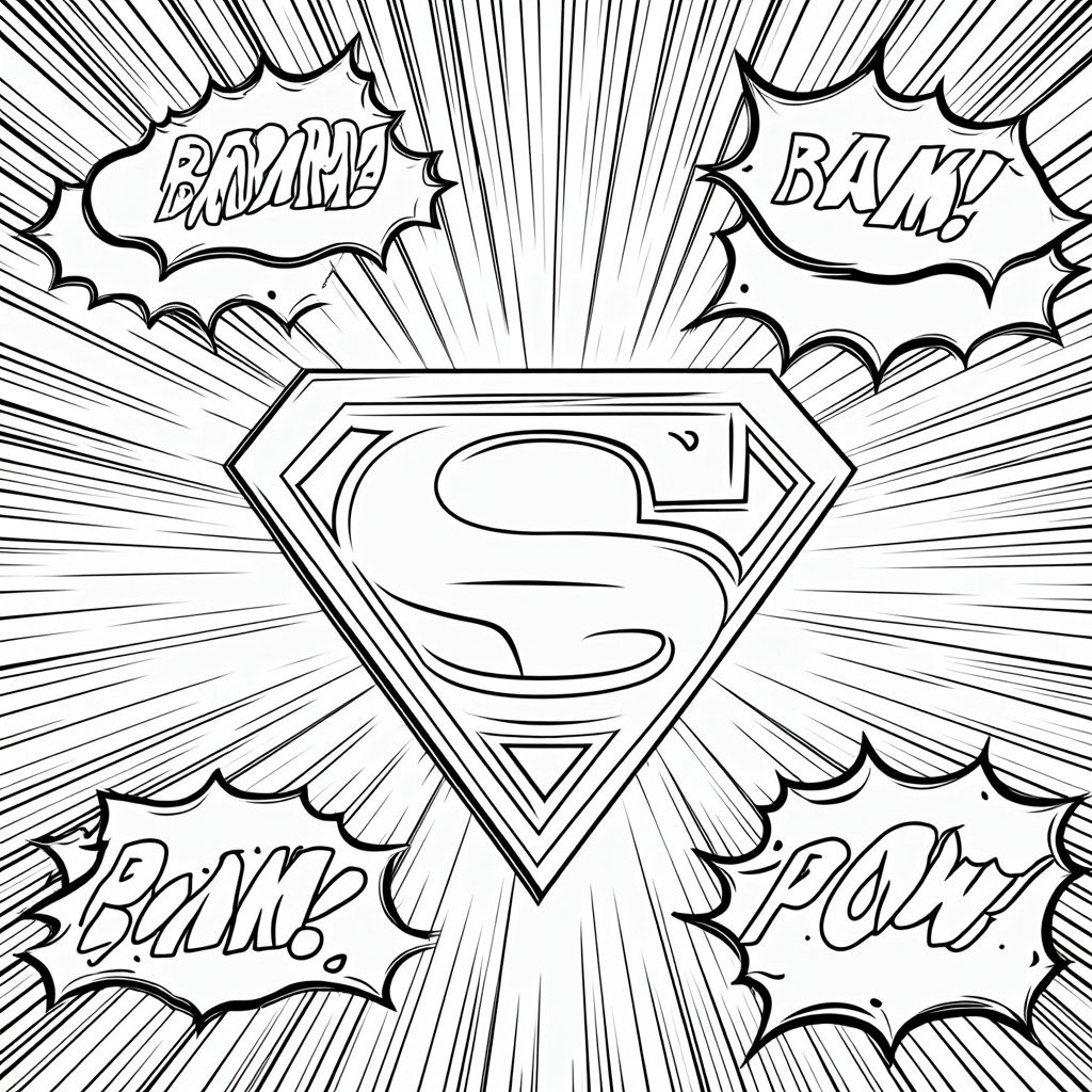 Create a coloring page with a superhero emblem as a central element surrounded by dynamic action lines and comic-style sound effects.