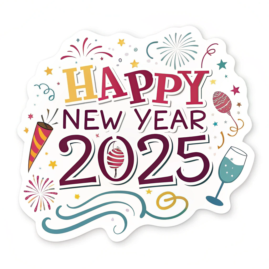 The image shows a poster with the words Happy New Year 2025 written in bold, colorful letters, accompanied by a glass of champagne and fireworks, creating a festive atmosphere to celebrate the start of a new year.