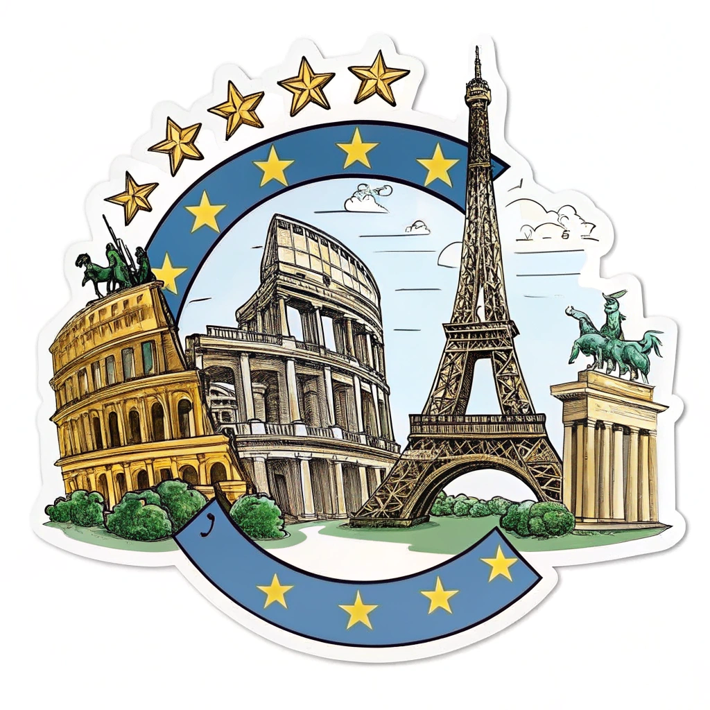 A sticker showcasing various European landmarks integrated with the Euro symbol, representing cultural and economic strength.