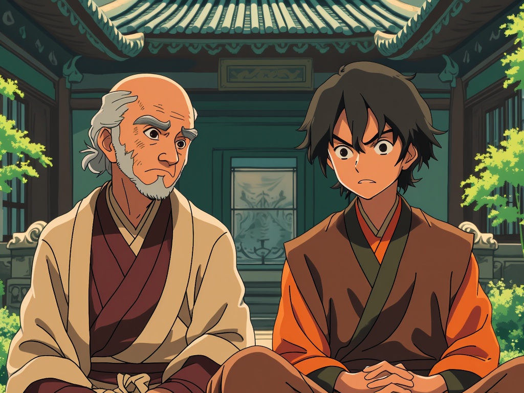 An elegant portrayal of Iroh and Zuko, dressed in traditional Earth Kingdom attire, discreetly contemplating their next move.