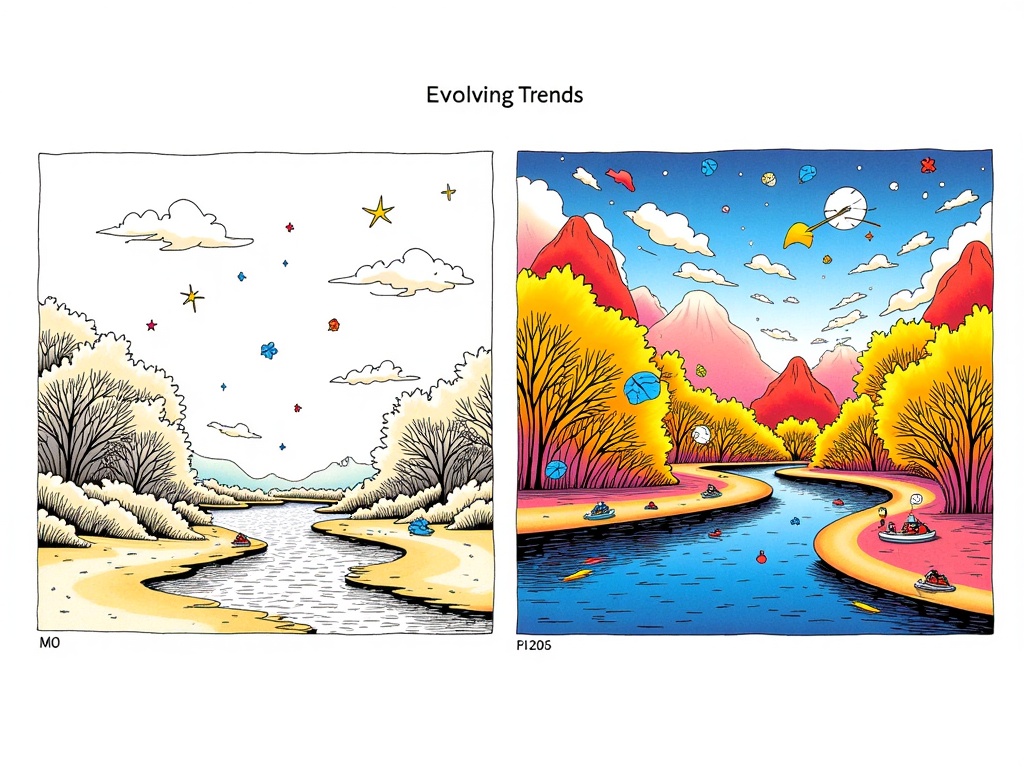 Sub-design idea 5: A comparative diptych: one side showing a traditional illustration method (e.g., hand-drawing), and the other side showing an AI generating a similar or enhanced illustration, with subtle visual cues indicating speed, variation, or novel styles representing 'Evolving Trends'.