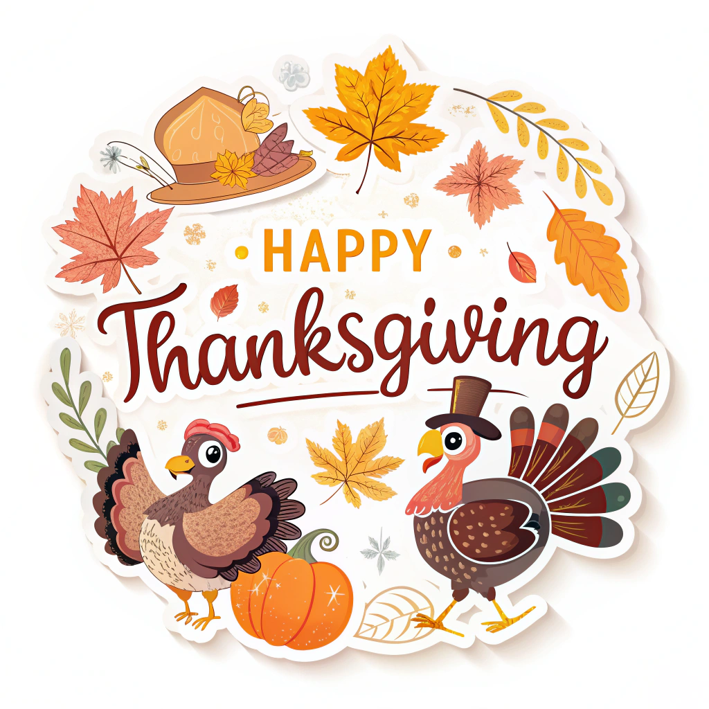 The image shows a poster with a white background featuring a happy Thanksgiving card with two turkeys, pumpkins, leaves, and a hat. The text reads 