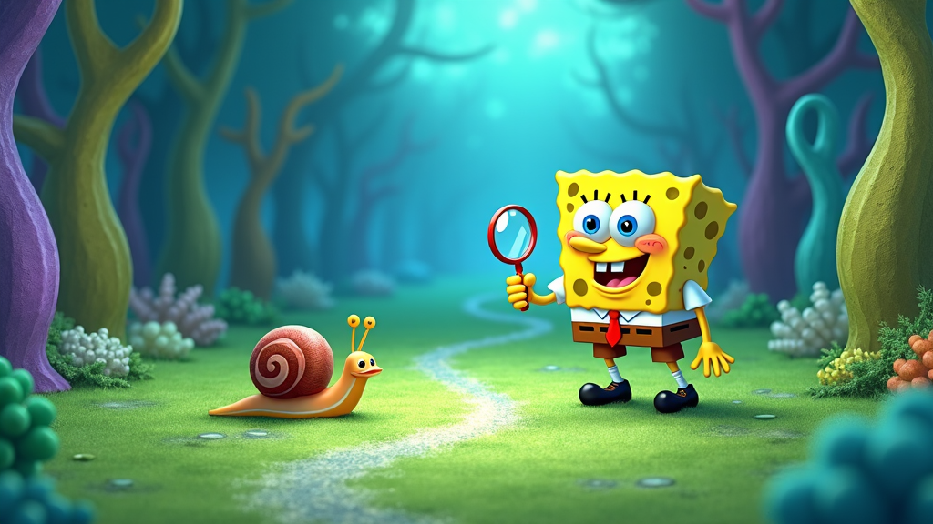 Gary the snail leaving a shiny trail on the grassy Seaweed Street as SpongeBob looks for him with a magnifying glass.