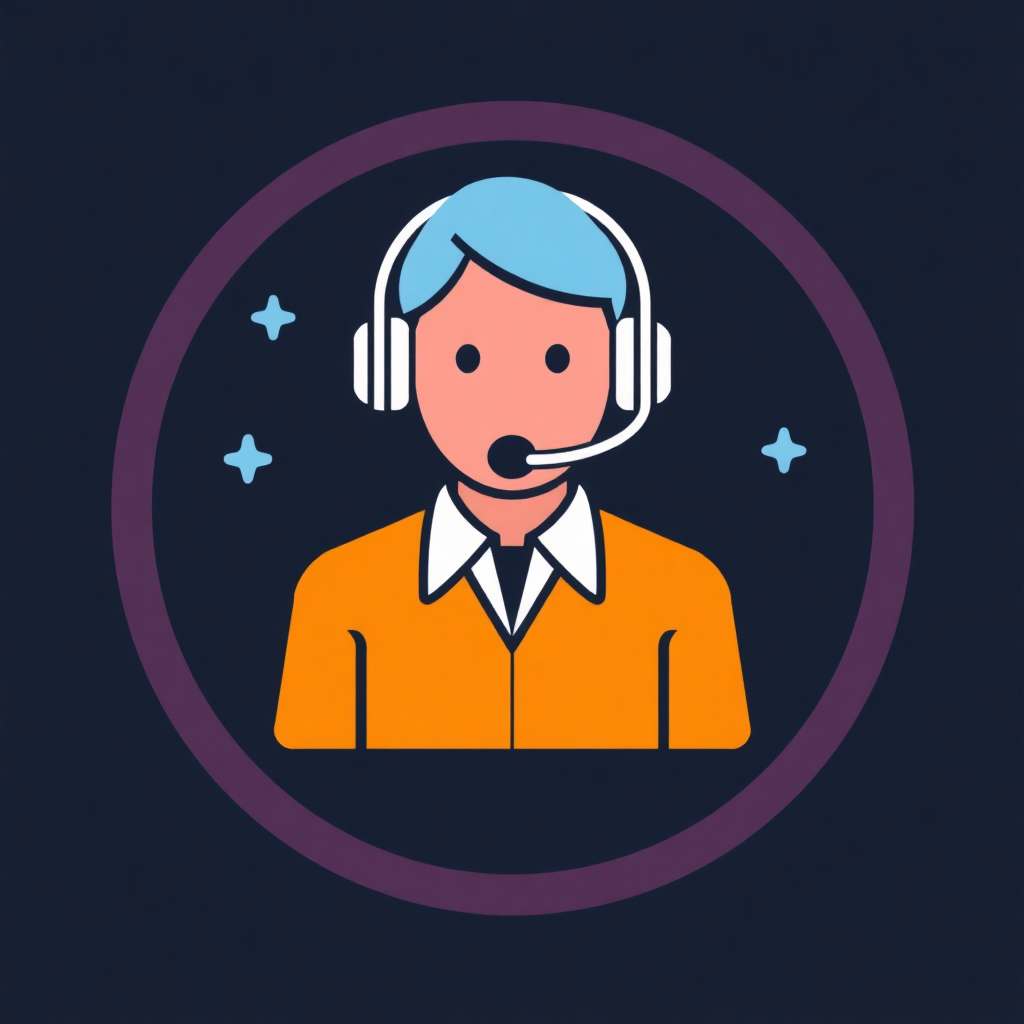 The image is a circular icon with a dark blue background. Inside the circle, there is an illustration of a person wearing a headset with a microphone. The person is wearing an orange shirt and has blue hair. There are small white stars scattered around the person's head. The overall design is simple and minimalistic.