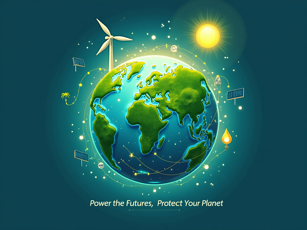 A stylized Earth with interconnected icons: a wind turbine on one side, a solar panel on another, a water droplet representing hydropower, and a leaf for biomass, all connected by glowing green lines indicating an energy grid. Text suggestion: 'Power the Future, Protect Our Planet'.