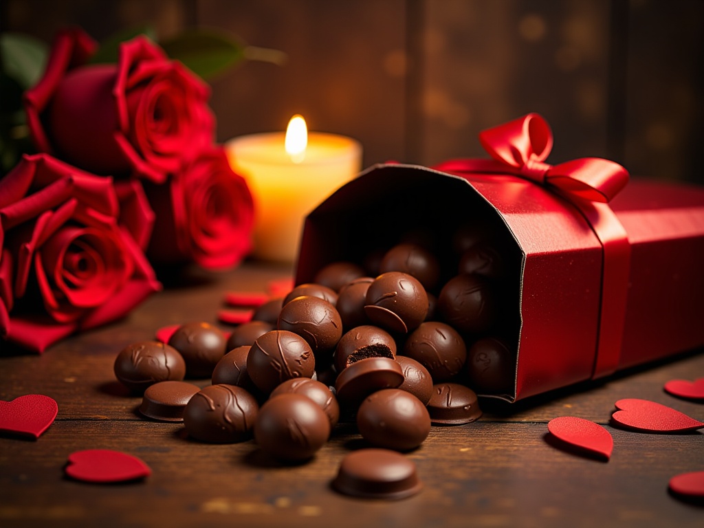 An open chocolate box spilling chocolates onto a surface, with a romantic background like roses or a candle.