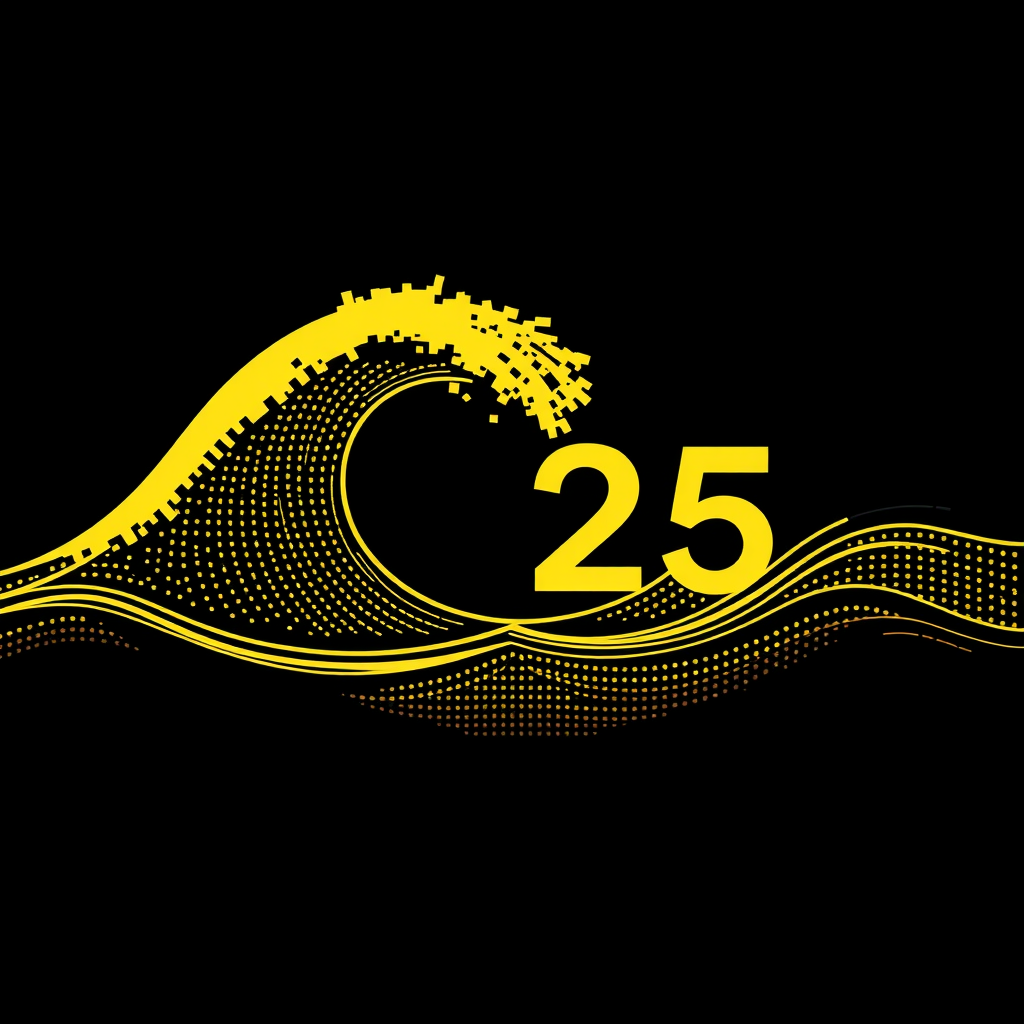 Sub-design Idea 5: Digital Halving Wave. A dynamic, digital wave graphic that appears to 'halve' or split as it moves across the design. One side of the split wave surges upwards (value increase), while the other diminishes or becomes more sparse (scarcity). Integrate circuitry patterns or pixelation to emphasize the digital nature of Bitcoin. '2025' could be formed by the wave's crest or trough.