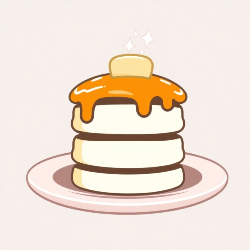 The image is an illustration of a stack of pancakes on a pink plate. The pancakes are white and fluffy, and they are arranged in a neat stack. On top of the stack, there is a small dollop of caramel sauce. The caramel sauce is dripping down the sides of the pancakes, creating a smooth and glossy texture. The plate is round and has a simple design. The background is light pink, making the pancakes stand out.