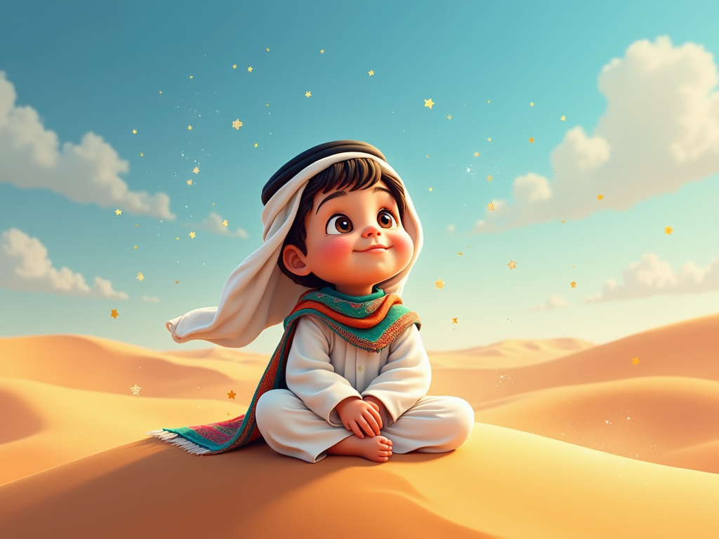 A cartoon featuring a young Qatari child with traditional clothing, daydreaming about flying on a magic carpet across the desert dunes. The color palette should include warm desert tones.